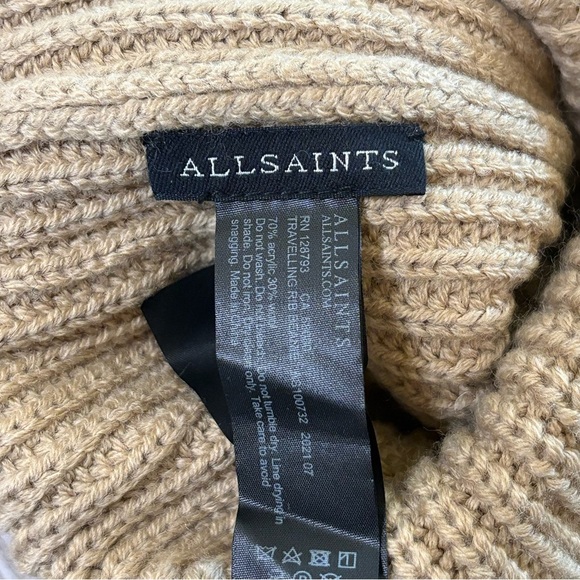 ALLSAINTS TRAVELING RIB KNIT BEANIE HAT WOOL BLEND TAN STOCKING CAP QUIET LUXURY - Picture 4 of 7